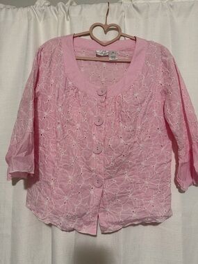 Harve Bernard Pink Eyelet Button Front Blouse